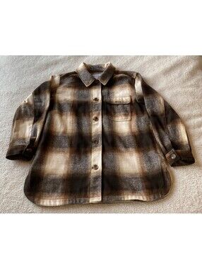 Old Navy Brown Cream Plaid Flannel Shirt Jacket Shacket Women's M Heavyweight